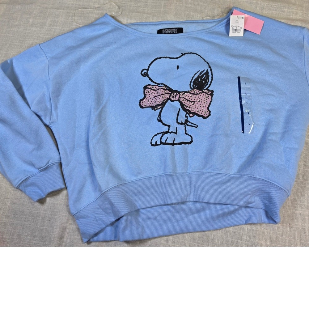 Peanuts Snoopy Light Blue Graphic Sweatshirt Pink Glitter Bow Tie TG317467 L